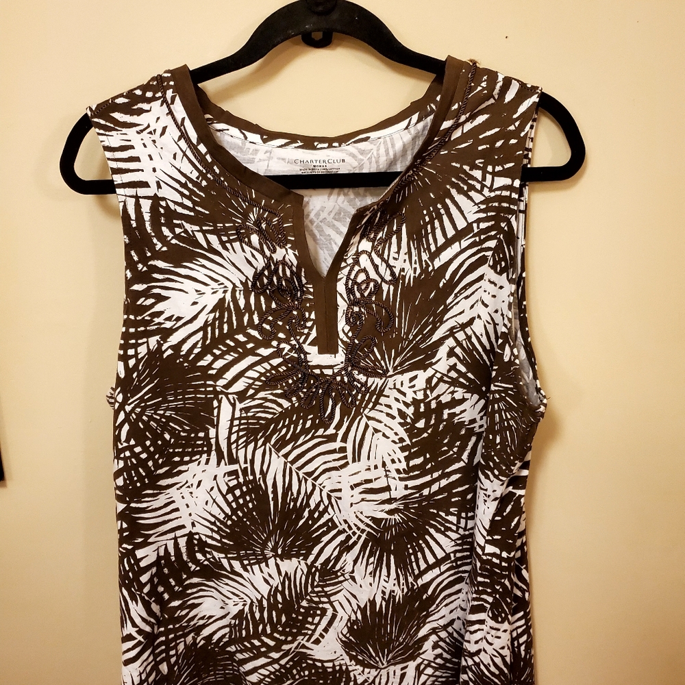 Charter Club tunic length top with brown thread detailing. Small flaw pictured.